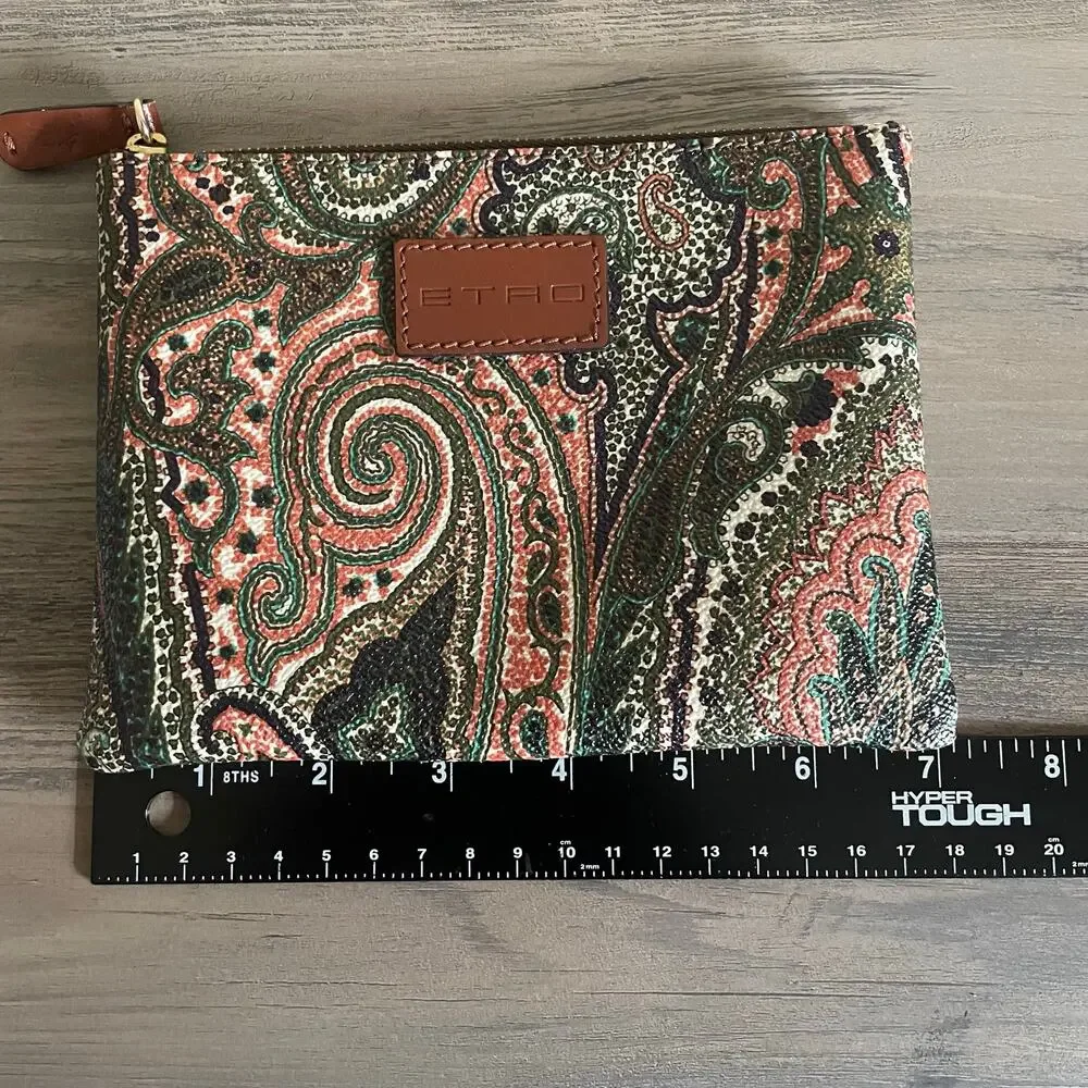 ETRO Paisley Coated Canvas Zip Pouch Clutch Multicolor Leather Trim Italy